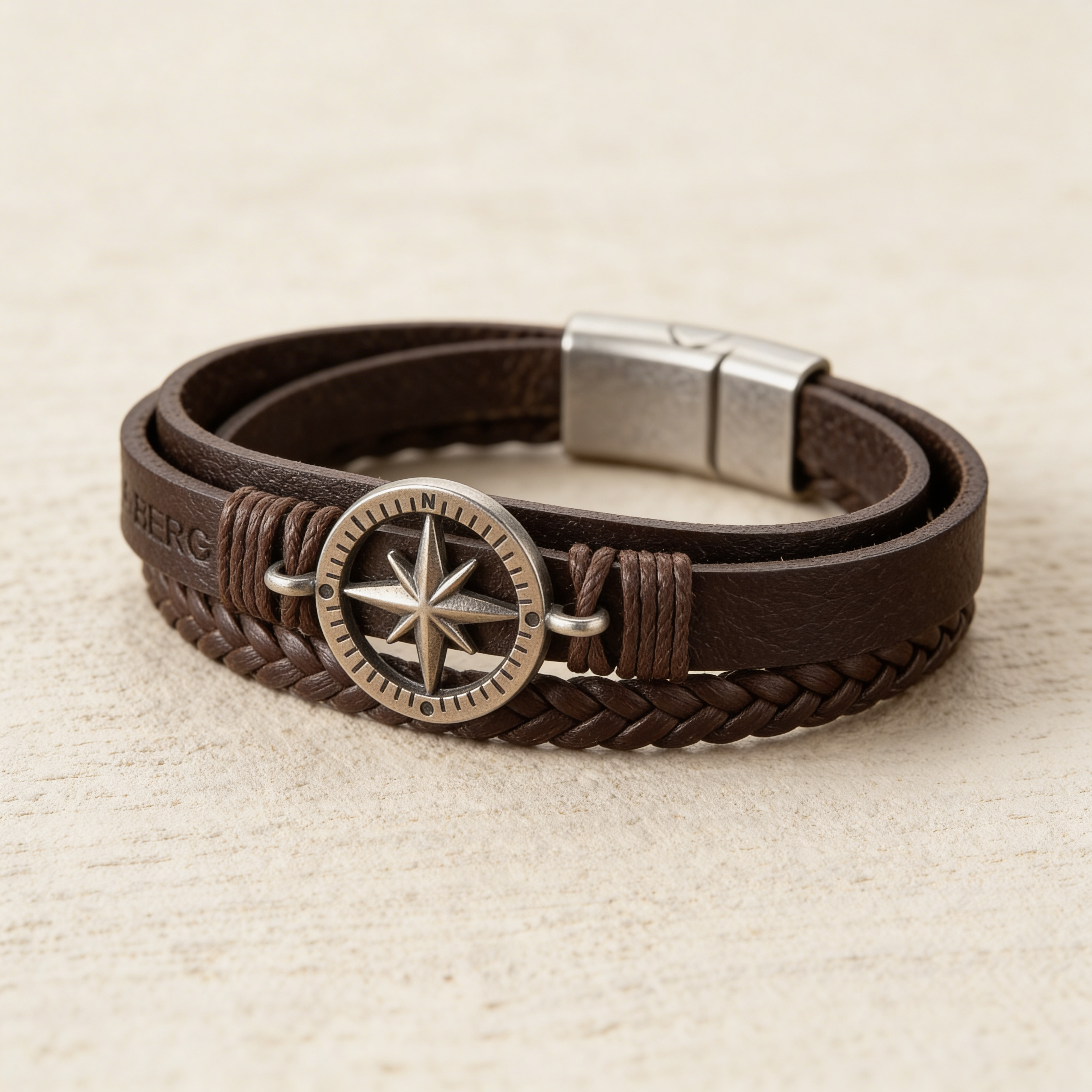 Andrea Berg – Lederarmband in Braun mit Kompass-Motiv und Silberdetails